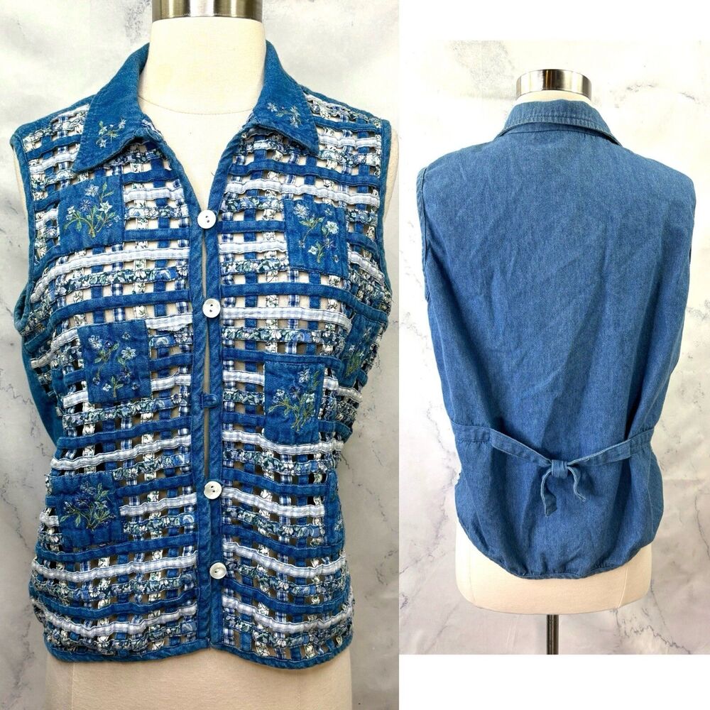Vintage 90s Denim Button Vest Top M Cottagecore Floral Basket Weave Hollow woven